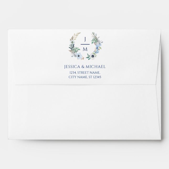 Watercolor Floral Wreath Wedding Monogram Envelope (Back (Top Flap))