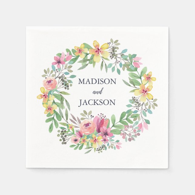 Watercolor Floral Wreath Wedding Napkin (Front)