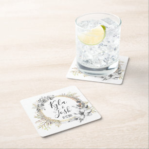 Watercolor Floral Wreath Wedding Personalised  Square Paper Coaster