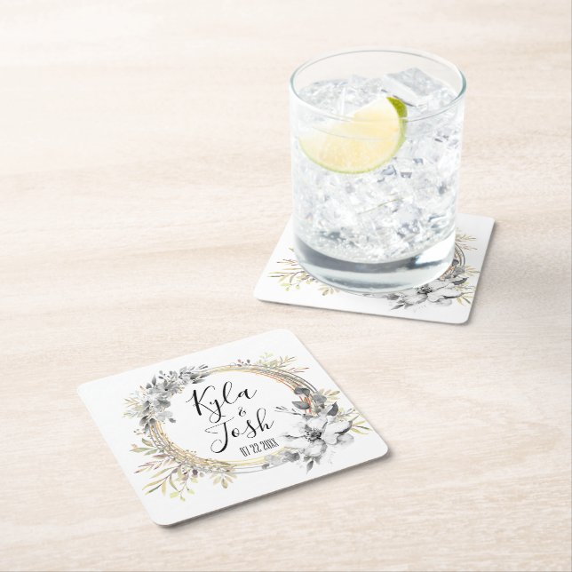 Watercolor Floral Wreath Wedding Personalised  Square Paper Coaster (Insitu)