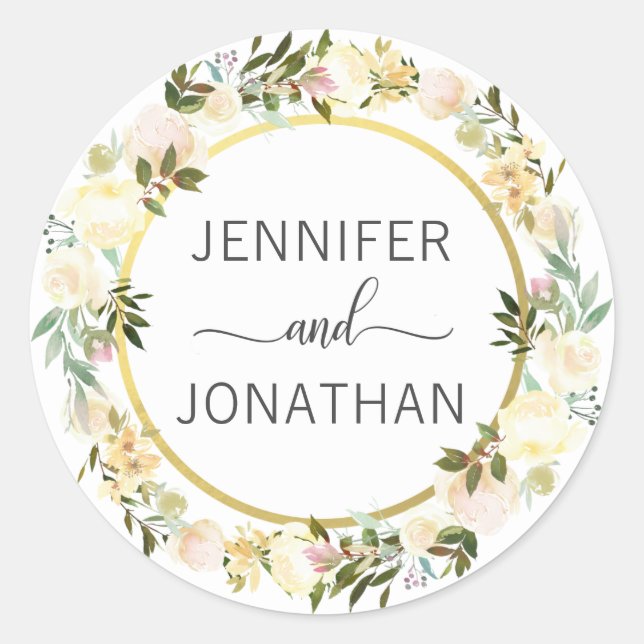 Watercolor Floral Wreath White Gold Wedding Seals (Front)