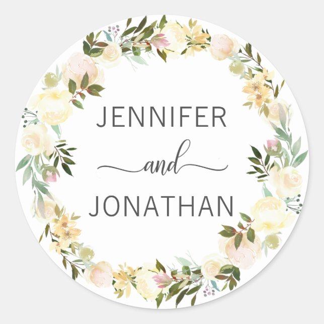 Watercolor Floral Wreath White Wedding Seals (Front)