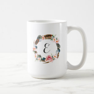 Watercolor Floral Wreath with Feathers   Monogram Coffee Mug