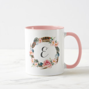 Watercolor Floral Wreath with Feathers   Monogram Mug