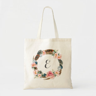 Watercolor Floral Wreath with Feathers   Monogram Tote Bag