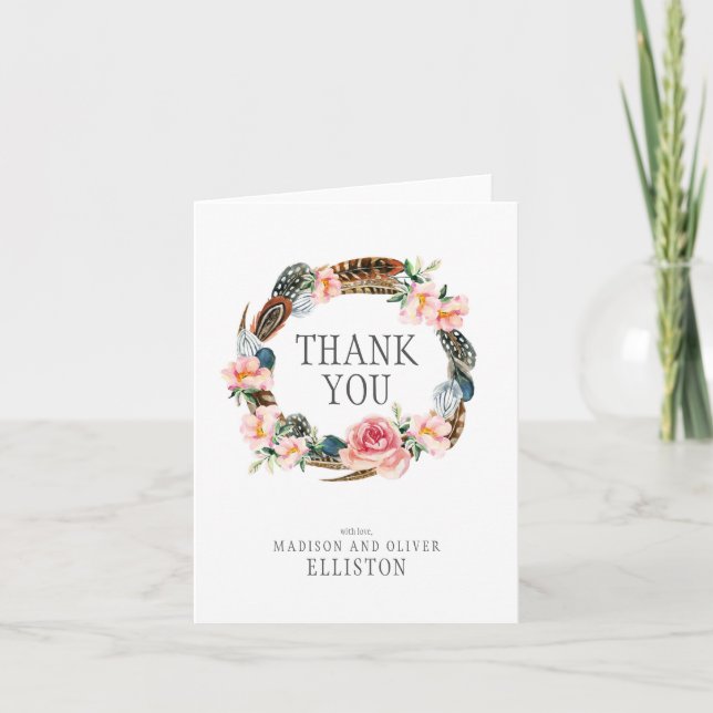 Watercolor Floral Wreath with Feathers | Thank You (Front)