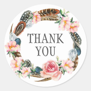 Watercolor Floral Wreath with Feathers   Thank You Classic Round Sticker