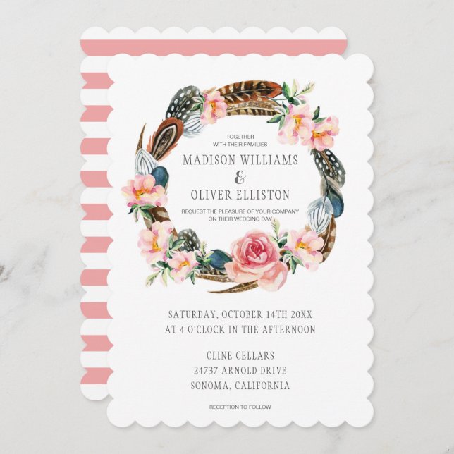 Watercolor Floral Wreath with Feathers | Wedding Invitation (Front/Back)