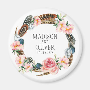 Watercolor Floral Wreath with Feathers Wedding Magnet