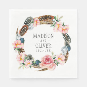 Watercolor Floral Wreath with Feathers   Wedding Napkin