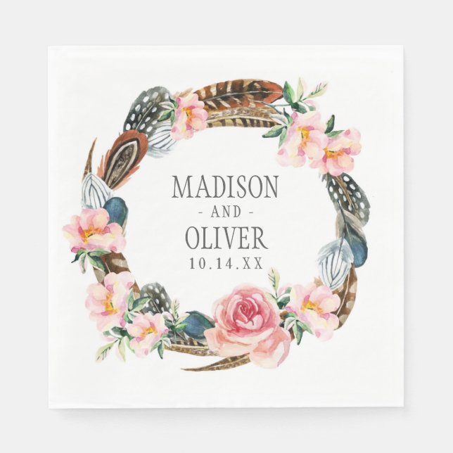 Watercolor Floral Wreath with Feathers | Wedding Napkin (Front)