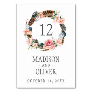 Watercolor Floral Wreath with Feathers   Wedding Table Number