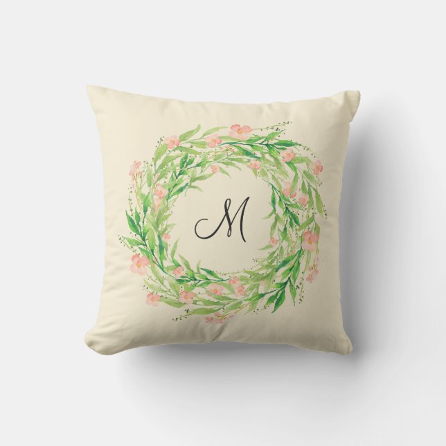 Watercolor Floral Wreath with Monogram Cushion (Front)