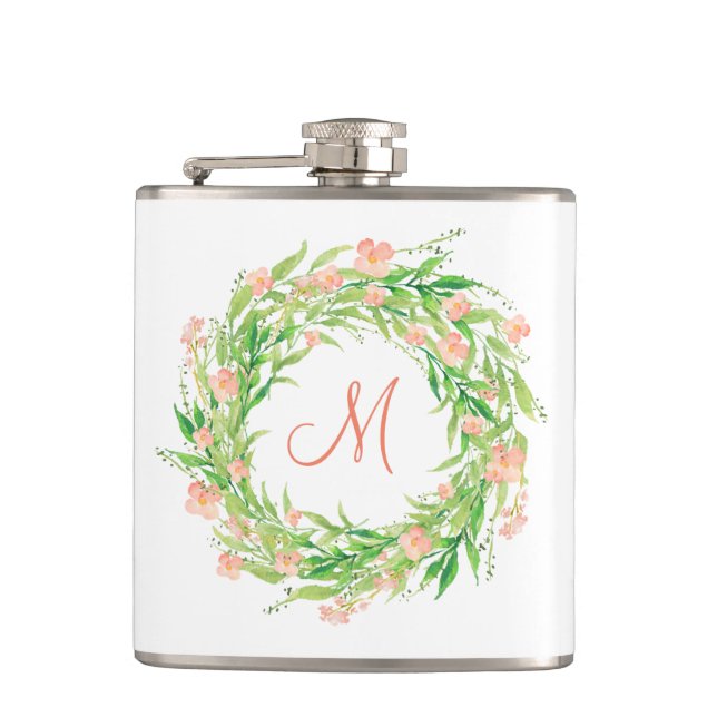 Watercolor Floral Wreath With Monogram Hip Flask (Front)
