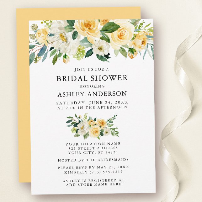 Watercolor Floral Yellow Bridal Shower Elegant Invitation (Customize to change text color, text style or color of back of card.)