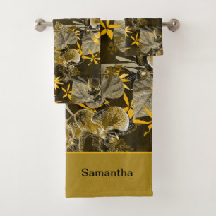 Watercolor floral yellow-brown pattern.  bath towel set