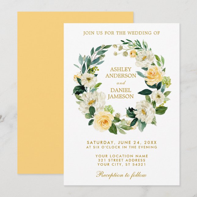 Watercolor Floral Yellow Gold Green Wreath Wedding Invitation (Front/Back)