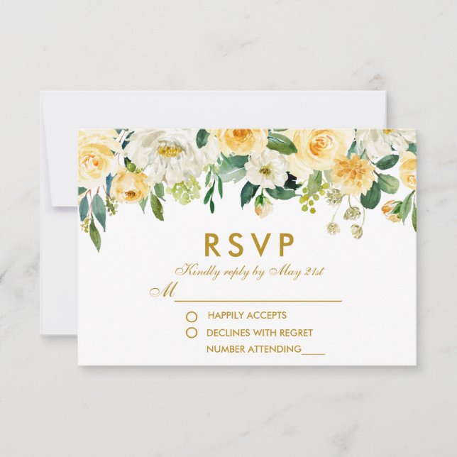 Watercolor Floral Yellow Gold White RSVP Wedding Card (Front)