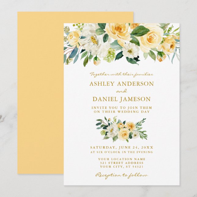 Watercolor Floral Yellow Greenery Gold Wedding Invitation (Front/Back)