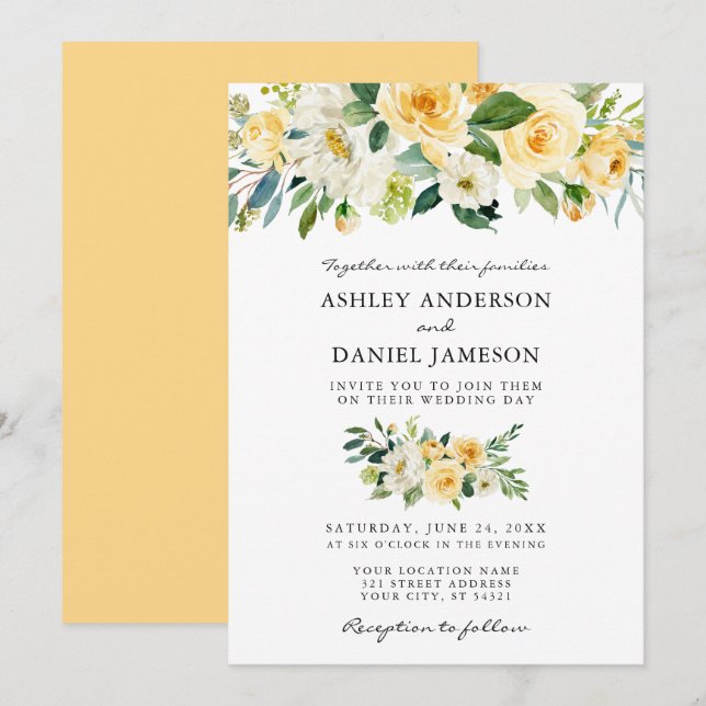 Watercolor Floral Yellow Greenery Wedding Invitation (Front/Back)