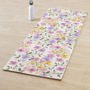 Watercolor Floral Yellow Pink and Purple Yoga Mat