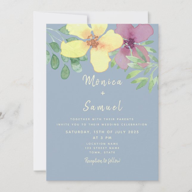 Watercolor Floral Yellow Purple Dusty Blue Wedding Invitation (Front)