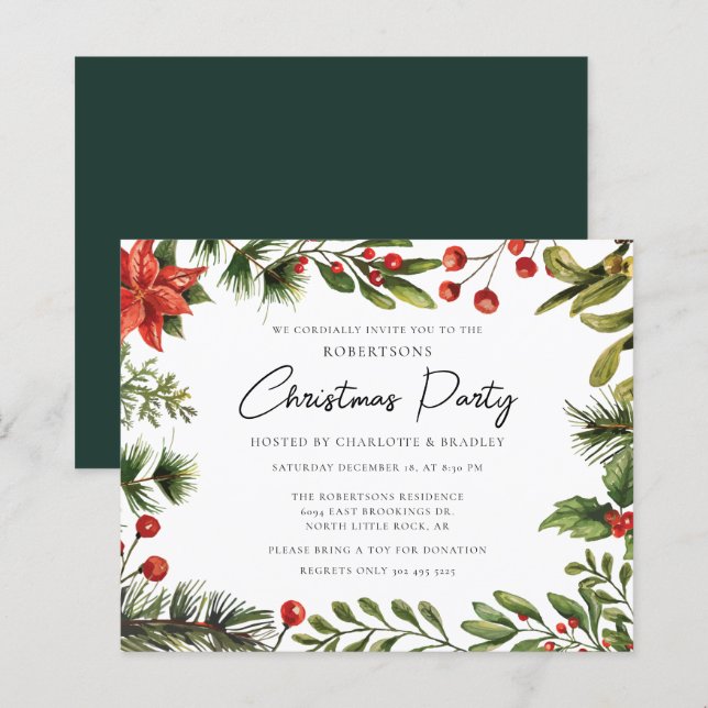 Watercolor FloralChristmas Party Invitation (Front/Back)