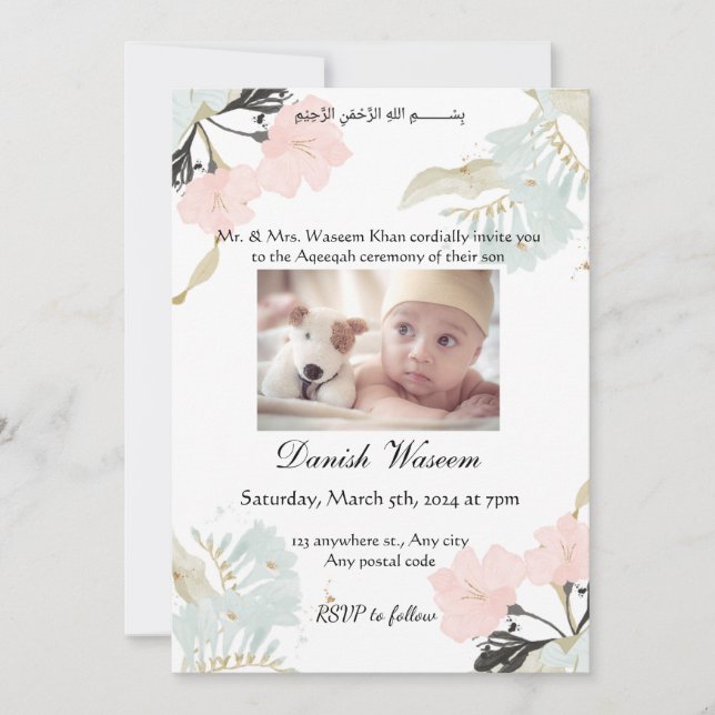 Watercolor florals Aqeeqah ceremony Invitation (Front)