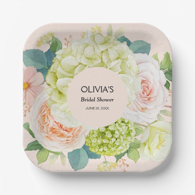 Watercolor Florals Blush Pink Bridal Shower Paper Plate (Front)