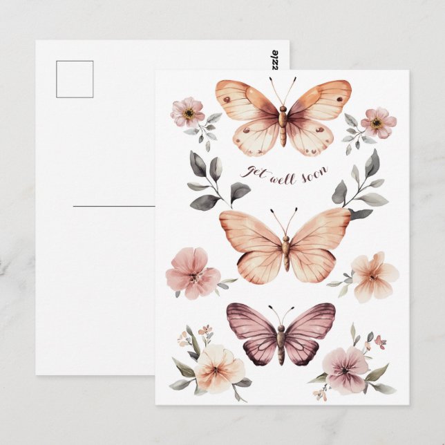 Watercolor Florals Butterflies Get Well Soon Postcard (Front/Back)