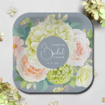 Watercolor Florals Dusty Blue Bridal Shower Paper Plate<br><div class="desc">Beautiful watercolor white and green hydrangeas,  pink and cream roses,  daisies,  small blossoms and leaves on dusty blue,  personalise these square paper plates for your bridal shower,  engagement party,  wedding or any occasion with your details in chic lettering. MATCHING items in our collection.</div>