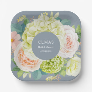 Watercolor Florals Dusty Blue Bridal Shower Paper Plate