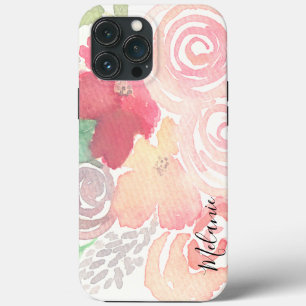 Watercolor Florals Greenery Pink Script Name iPhone 13 Pro Max Case