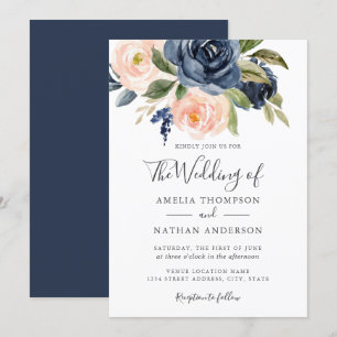 Watercolor Florals Navy Peach Wedding  Invitation