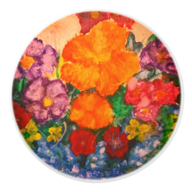 Watercolor Florals Orange Blue Yellow Ceramic Knob (Front)