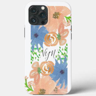Watercolor Florals Peach Blue Monogrammed iPhone 13 Pro Max Case