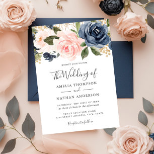 Watercolor Florals Peach Navy Wedding Invitation