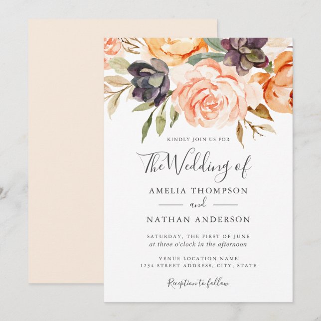 Watercolor Florals Peach Wedding  Invitation (Front/Back)