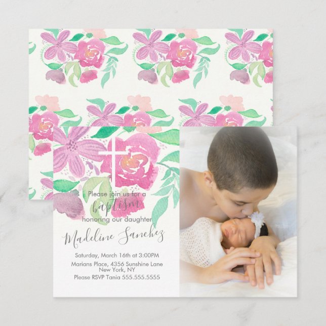 Watercolor Florals Pink Baptism  Invitation (Front/Back)