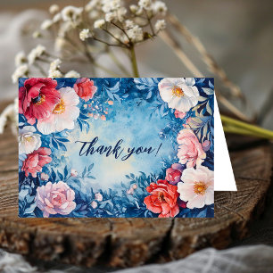 Watercolor Florals Pink Blue CUSTOM Thank You Card