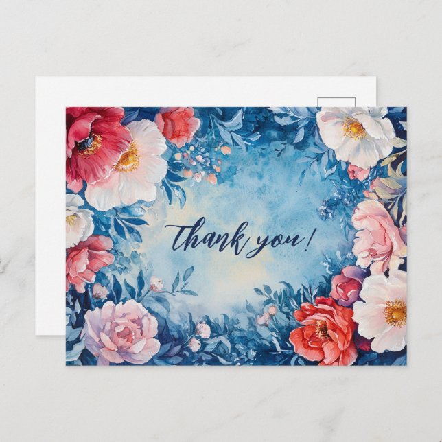 Watercolor Florals Pink Blue THANK YOU CUSTOM  Postcard (Front/Back)