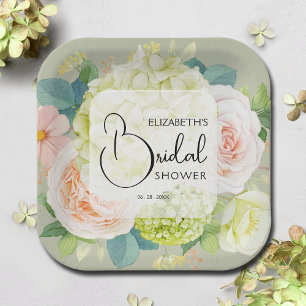 Watercolor Florals Sage Green Bridal Shower Paper Plate
