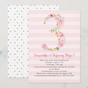 Watercolor Florals THREE 3rd Birthday Invitation