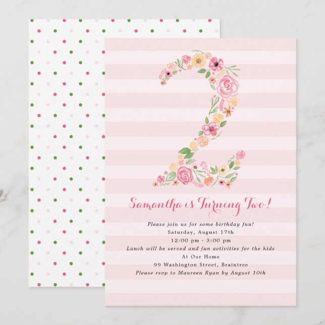 Watercolor Florals TWO Second Birthday Invitation (Front/Back)