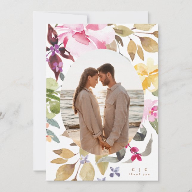 Watercolor Florals Wedding Photo Thank You Card (Front)