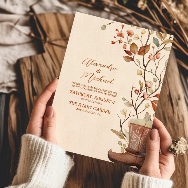 Watercolor Florals Western Cowboy Boots Wedding Invitation (Creator Uploaded)