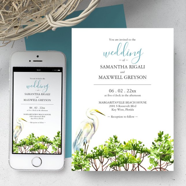 Watercolor Florida Destination Wedding Invitations (Florida wedding invitations watercolor great white heron and mangroves art by Victoria Grigaliunas)