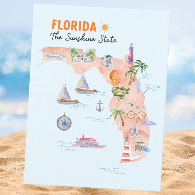 Watercolor Florida State Art Map Postcard (Close up)