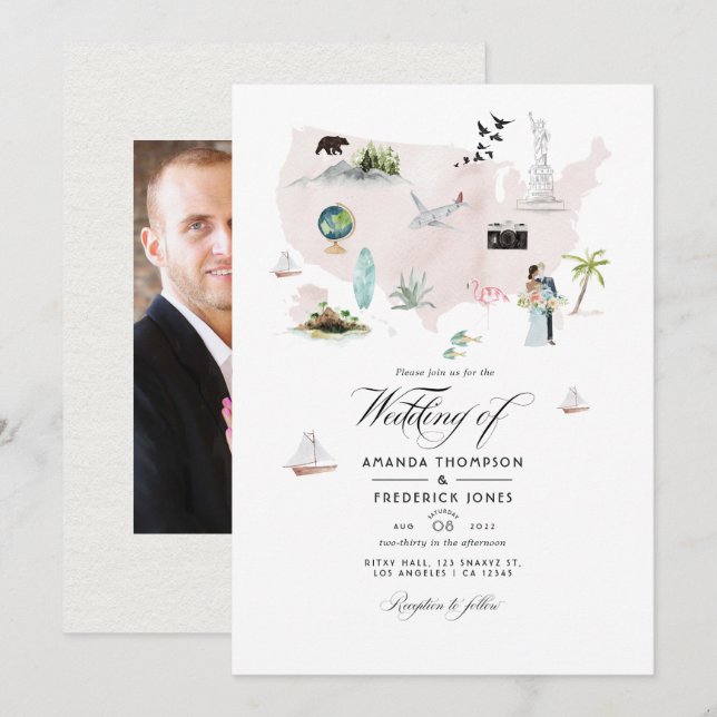 Watercolor Florida USA Destination Wedding Photo Invitation (Front/Back)