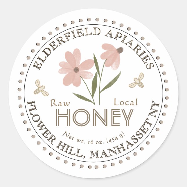 Watercolor Flower and Bees Pure Local Honey Label  (Front)